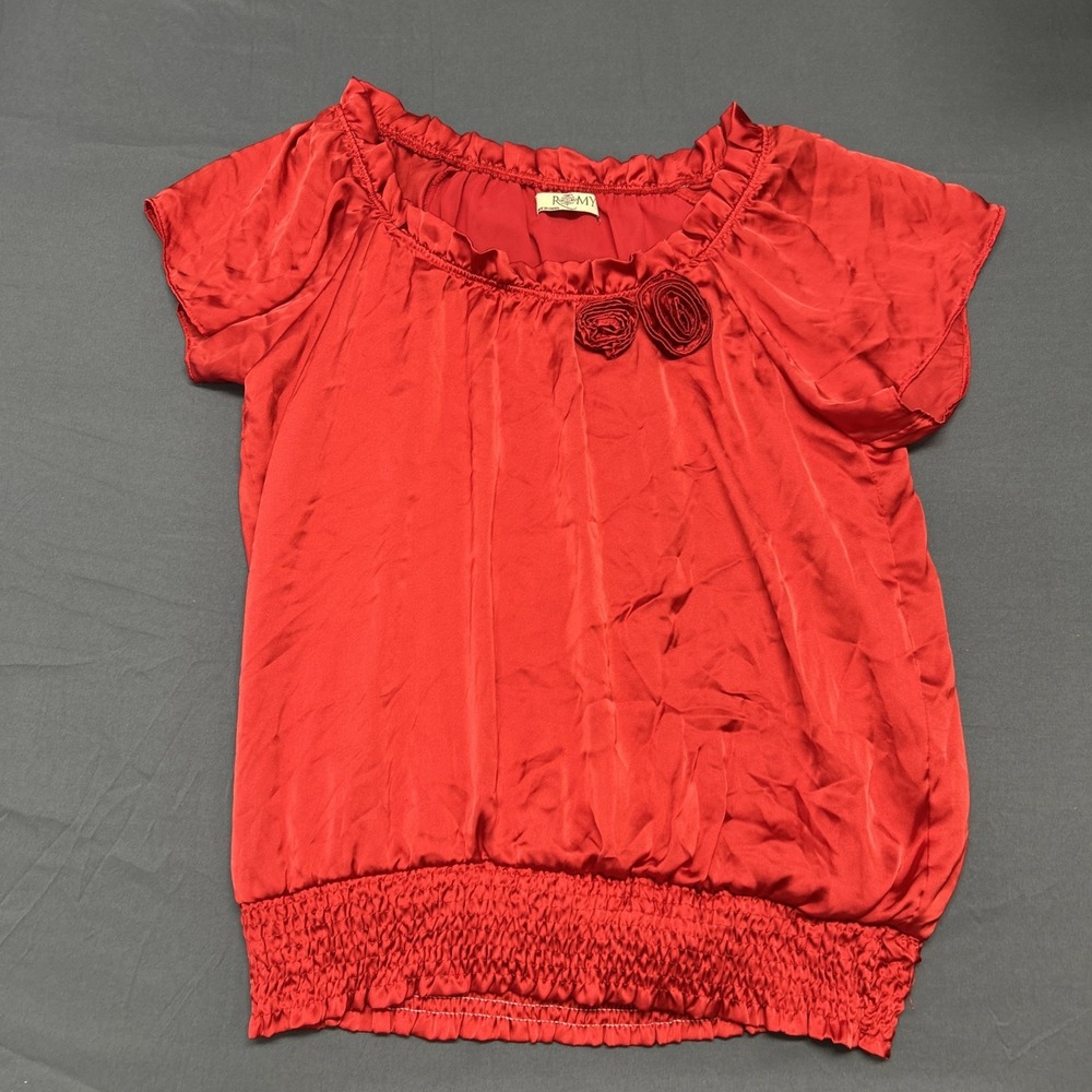 Romy red satin blouse features decorative fabric roses at the neckline  Xl
